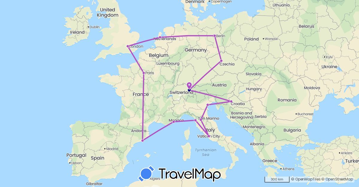TravelMap itinerary: driving, train in Switzerland, Czech Republic, Germany, Spain, France, United Kingdom, Croatia, Italy, Netherlands (Europe)